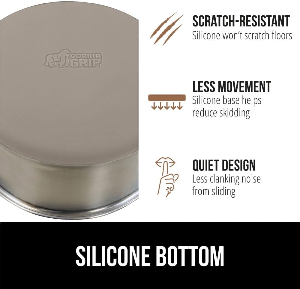 GORILLA GRIP Set of 2 Dog Bowls, Holds 8 Cups (64 fl oz), Heavy Duty Metal Food and Water Bowl for Feeding Dogs and Cats, Dishwasher Safe, Rust Resistant Stainless Steel, BPA Free Rubber Base, Beige