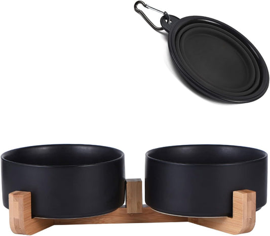 Petygooing Dog Bowls,Black Ceramic Cat Dog Bowl Set with Wood Stand for Food and Water,Non-Slip Cute Modern Pet Dish Set for Cats Small and Medium Dogs (28OZ/6.1 in)