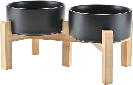 SPUNKYJUNKY Elevated Dog Bowls Ceramic, 6.1'' Dogs and Cat Food Water Bowls Raised with Non-Slip Bamboo Stand for Medium Sized Breed Microwave Dishwasher Safe - 28.7 OZ,Black