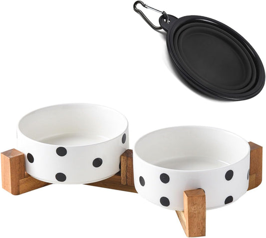 Petygooing Dog Bowls Ceramic, Cat Dog Bowl Set with Wood Stand for Food and Water,Non-Slip Cute Modern Pet Dishes for Cats Medium Size Dogs (28OZ/6.1 in) Black Dot