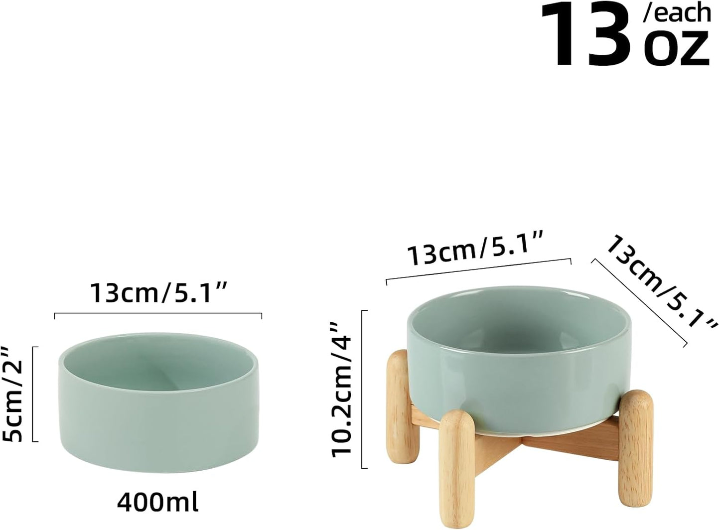 Ceramic 5.1inch Raised Dog and Cat Bowl Set, Elevated with Wooden Stand, Food and Water Bowl for Small Breed Dogs, Cats, Kitty, Weighted Dog Dishes, Pet Bowls(13.5oz, Light Green)