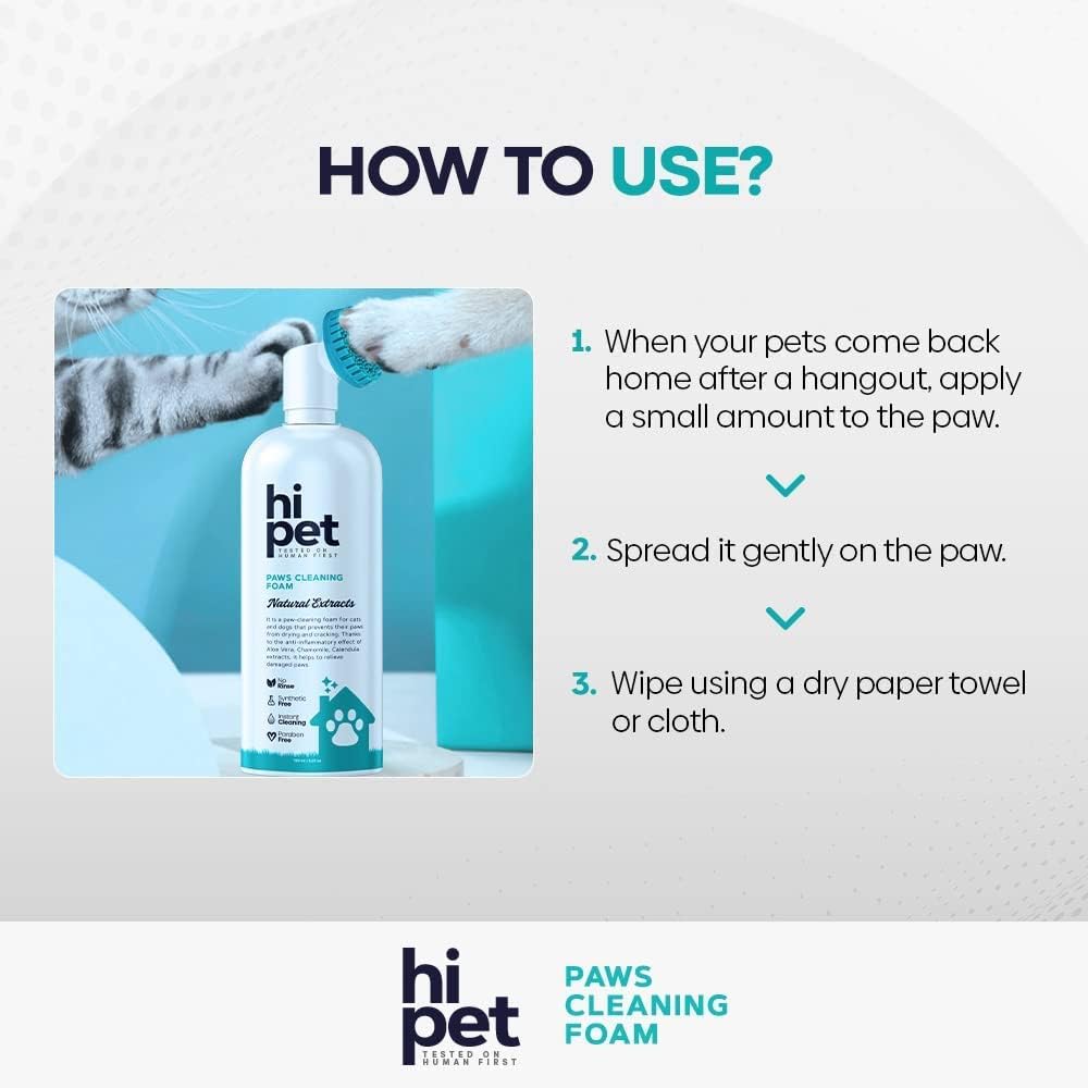 Hi Pet Dog Paw Cleaner Foam with Built-in Paw Scrubber Brush, Paw Cleaner for Dogs and Cats, Cat and Dog Paw Moisturizer, Effortless and Easy-to-Use Bottle Design Dog Feet Cleaner, 5.07 Fl Oz