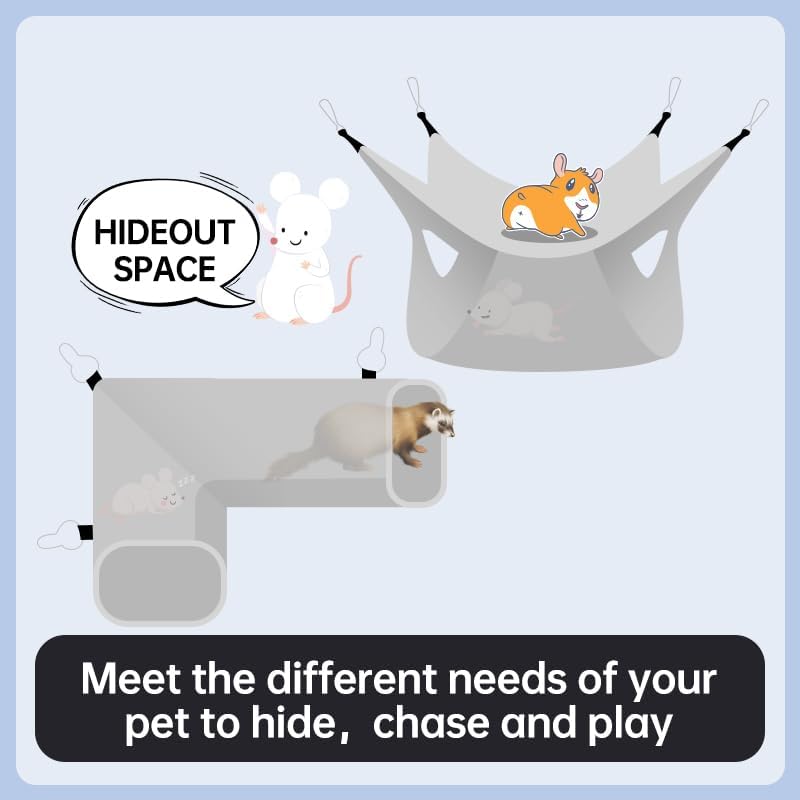 Large Caliber Guinea Pig & Rat Tunnel Hideout & Hammock, Corner Hideout Toy for Guinea Pig, Ferret, Hedgehog & Piggy to Hide and Shuttle (1. Hammock&Tunnel-Dinosaur)