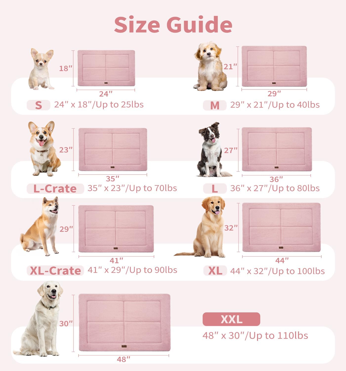 Made4Pets Dog Crate Pad Bed for Extra Large Dogs, Washable & Reversible, Anti-Slip Kennel Mat for Cozy Sleeping, Soft Fluffy Dog Bed for Indoor & Outdoor Use, 48"x30", Pink