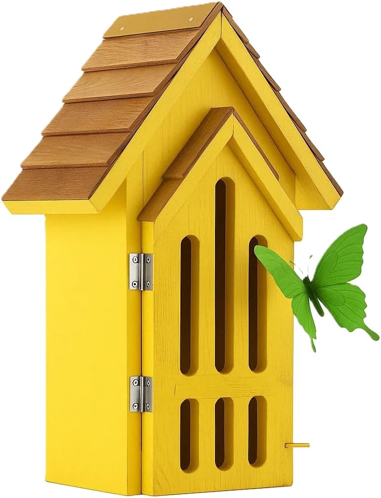 Shingle Roof Butterfly House for Outdoor, Insect House, Vintage Style Cedar Wood Bee House for Garden Outside, Open Door for Easy Cleaning Conservation.Shelter Hotel with Hooks for Hanging (Yellow)