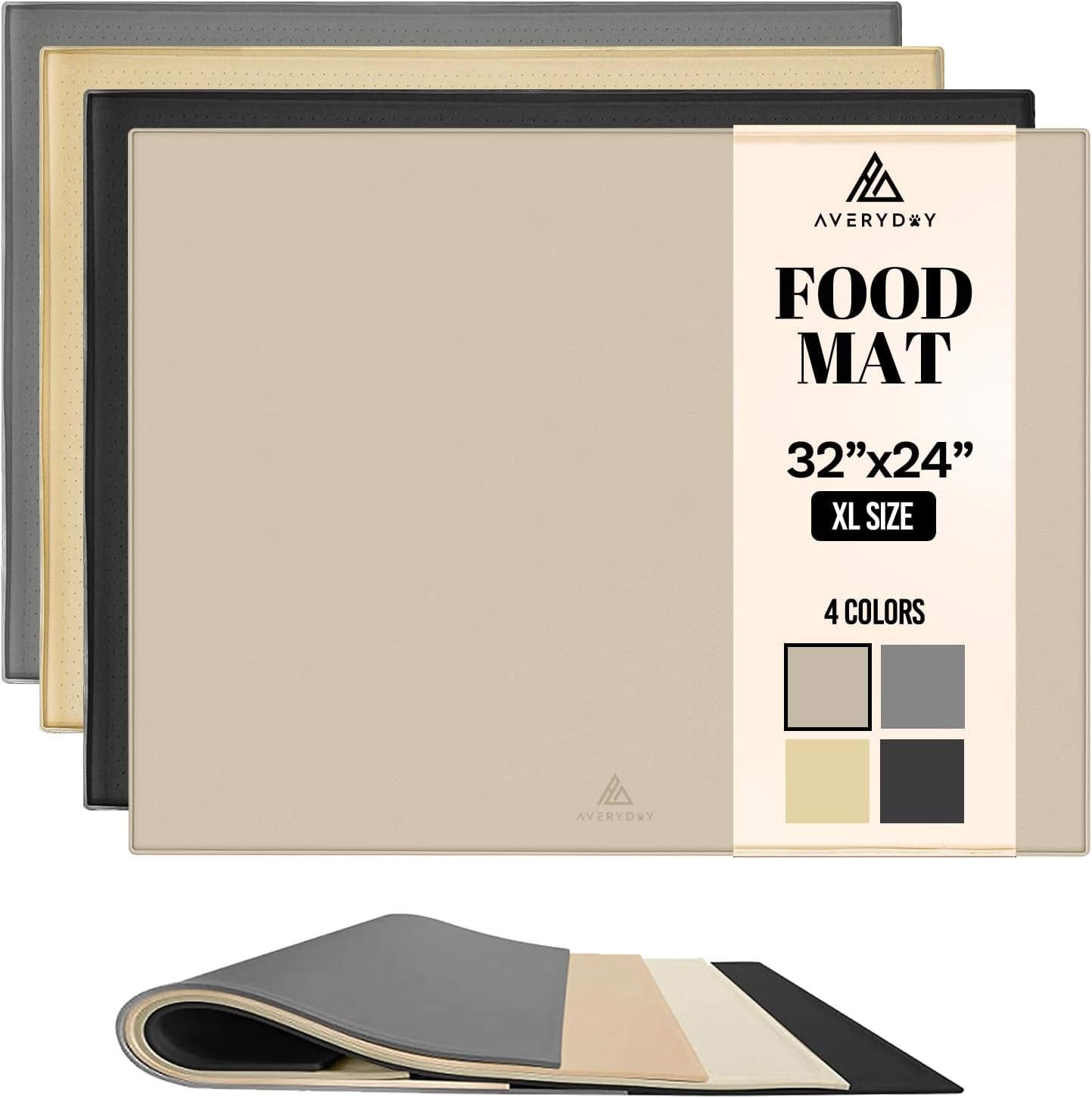 AVERYDAY 32x24'' Silicone Dog Mat for Food and Water, 0.63'' Edge Dog Food Bowl Mats for Floor Waterproof, Dogs Water Mat for Sloppy Drinker, Non Slip Rubber Pet Feeding Mats for Indoor Dogs and Cats