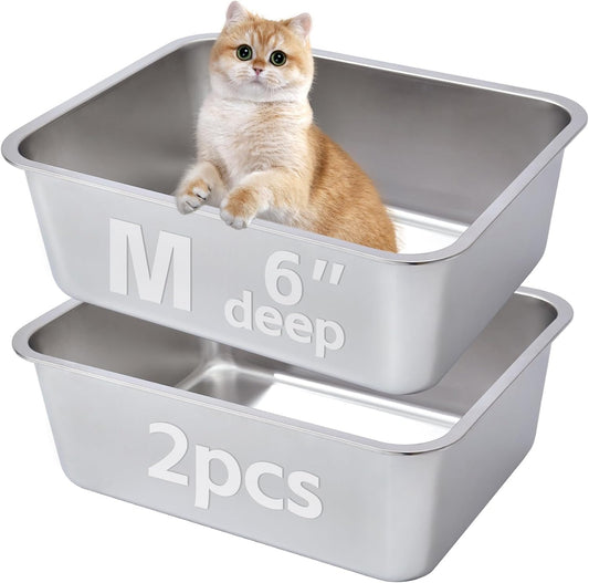 Stainless Steel Litter Box 2 Pack,Metal Litter Box for Cat Easy to Clean,Medium Cat LitterBox for Cats/Kitty/Rabbit,Metal Cat Toilet for Kitten,Non Stick, No Smell,17.7" L x 13.8" W x 6" H