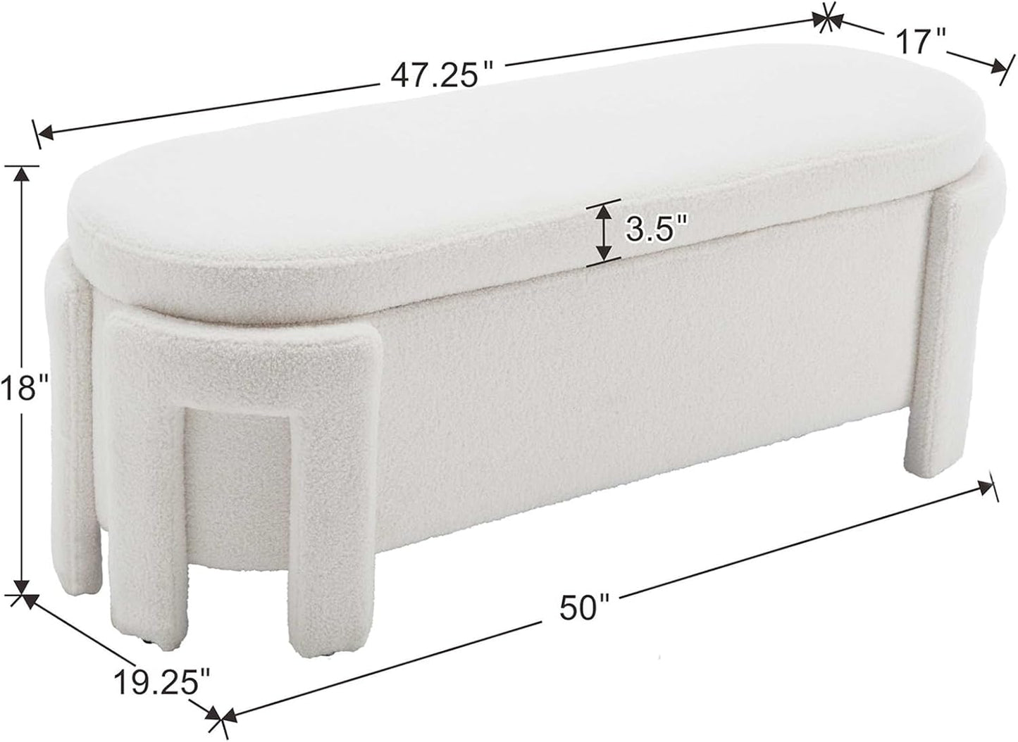 Kmax 50" Storage Ottoman Bench Modern Faux Fur Boucle Entryway Bench Comfy Upholstered End of Bed Bench for Hallway Entrance Bedroom Corner, White