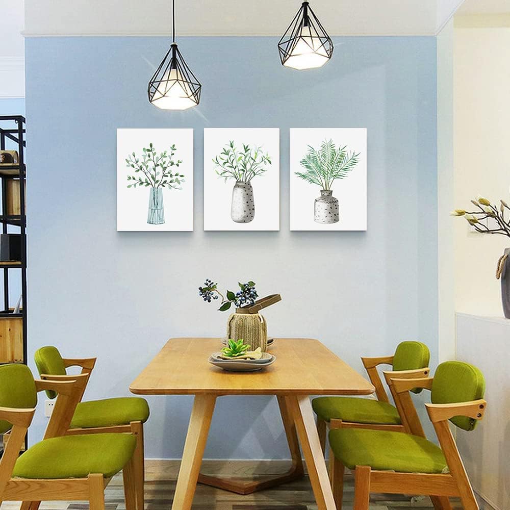 AHUASJART Canvas Wall Art Paintings For Kitchen Dining Room Large Size Wall Decor Living Room Wall Decoration For Bedroom Office Decor Green Leaf Vase Wall Pictures Artwork For Home Walls 3 Piece