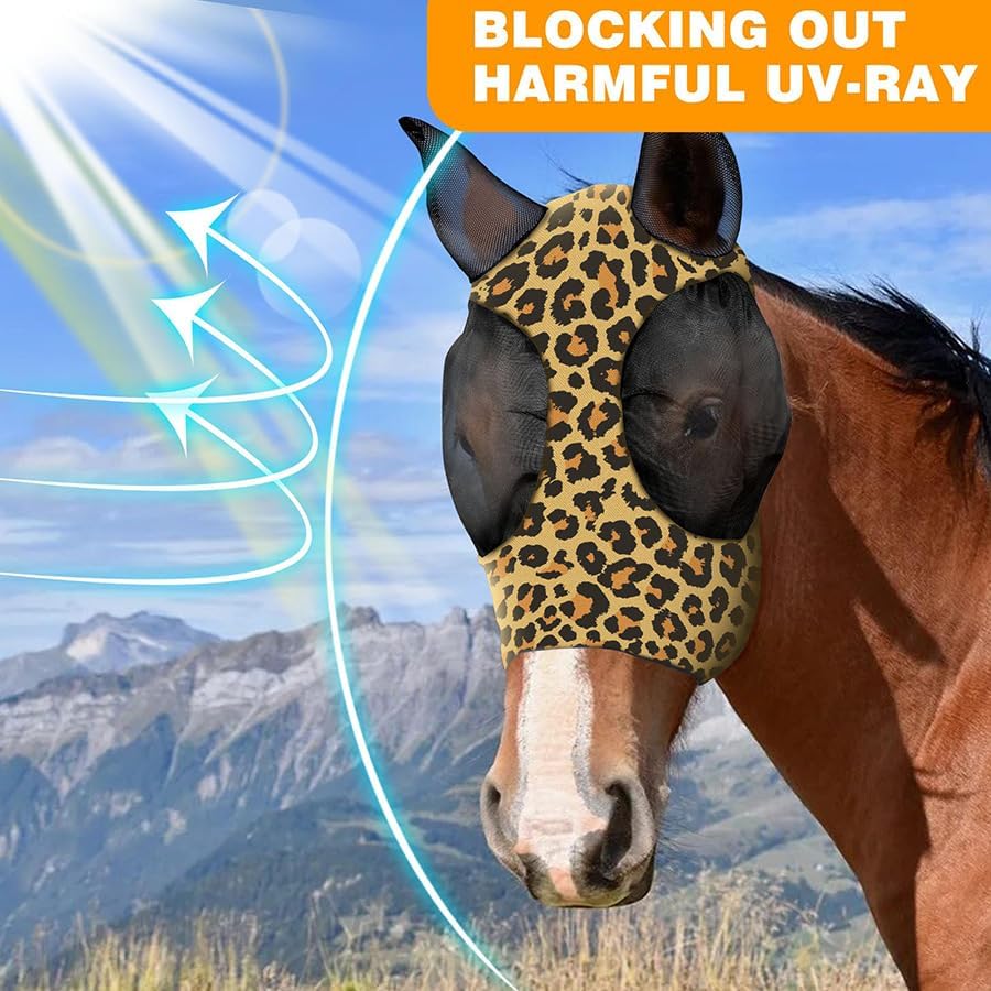 Horse Fly Mask with Ears - Comfort Fit, Durable & Breathable, Easy to on/Off | UV Protection, Large Eye Space, Stretchy Leopard Print (2pcs Medium, Tangle-Free)
