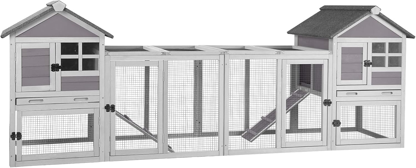 Aivituvin Rabbit Hutch Indoor Bunny Cage Outdoor with Run Chicken Coop Guinea Pig House with Waterproof Asphalt Roof,No Leakage Pull Out Tray (103.2" L x 25.2" W x 36.2" H, Grey-2 Sets)