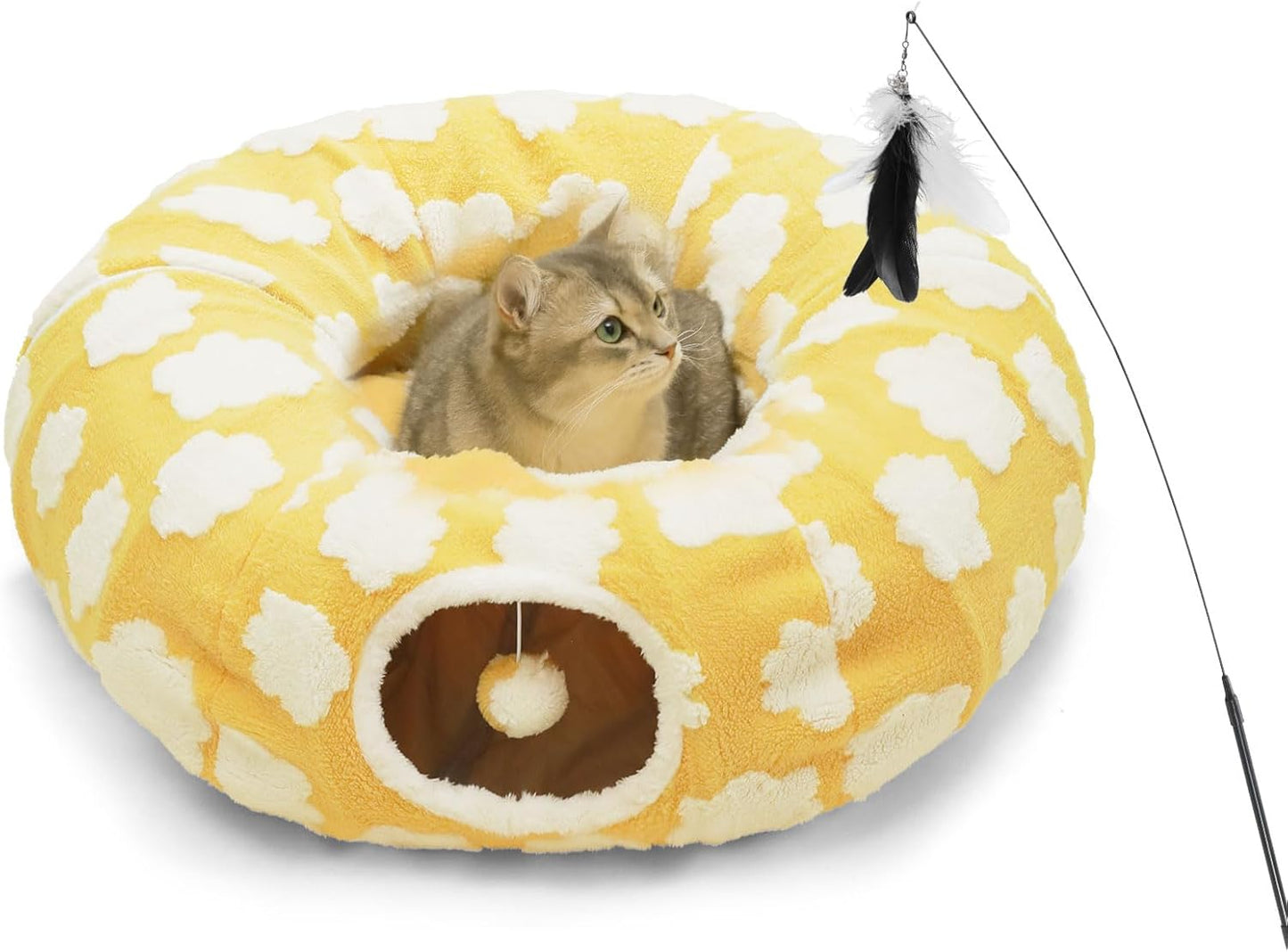 Cat Tunnel Bed for Indoor Cats,Soft Peekaboo Cave Cat Donut Tunnel with Washable Circle Cushion Central Mat, 3 Ways Shaped Round Pet Play Tunnel Toy for Kitten Puppy Rabbit Ferret Yellow