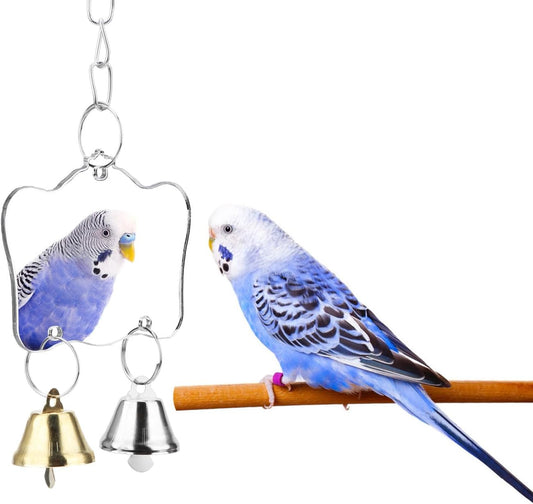 Hypeety Pet Bird Mirror Toy with Bells Hanging Toy for Parakeet Cockatiel Conure Lovebirds Finch Canary Cage Swing Fun Play Toy (Bird Mirror-2 Bells)