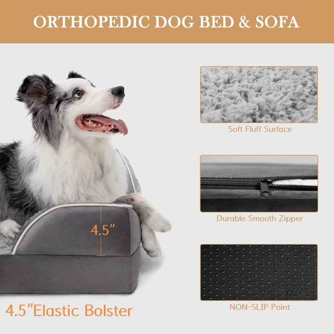 Comfort Expression Cooling Dog Bed for Large Dogs, Orthopedic Memory Foam Beds, Waterproof Washable Dogs Bed with Removable Cover, Pet Bed Dog Sofa with Bolster(Large,Silver Grey)