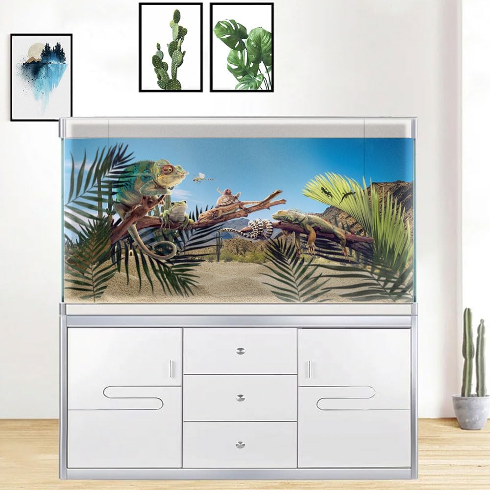 Reptile Habitat Background, Retro Desert Oasis Cactus Terrarium Background 72X18 in Background with 8 EVA Double-Sided Tape
