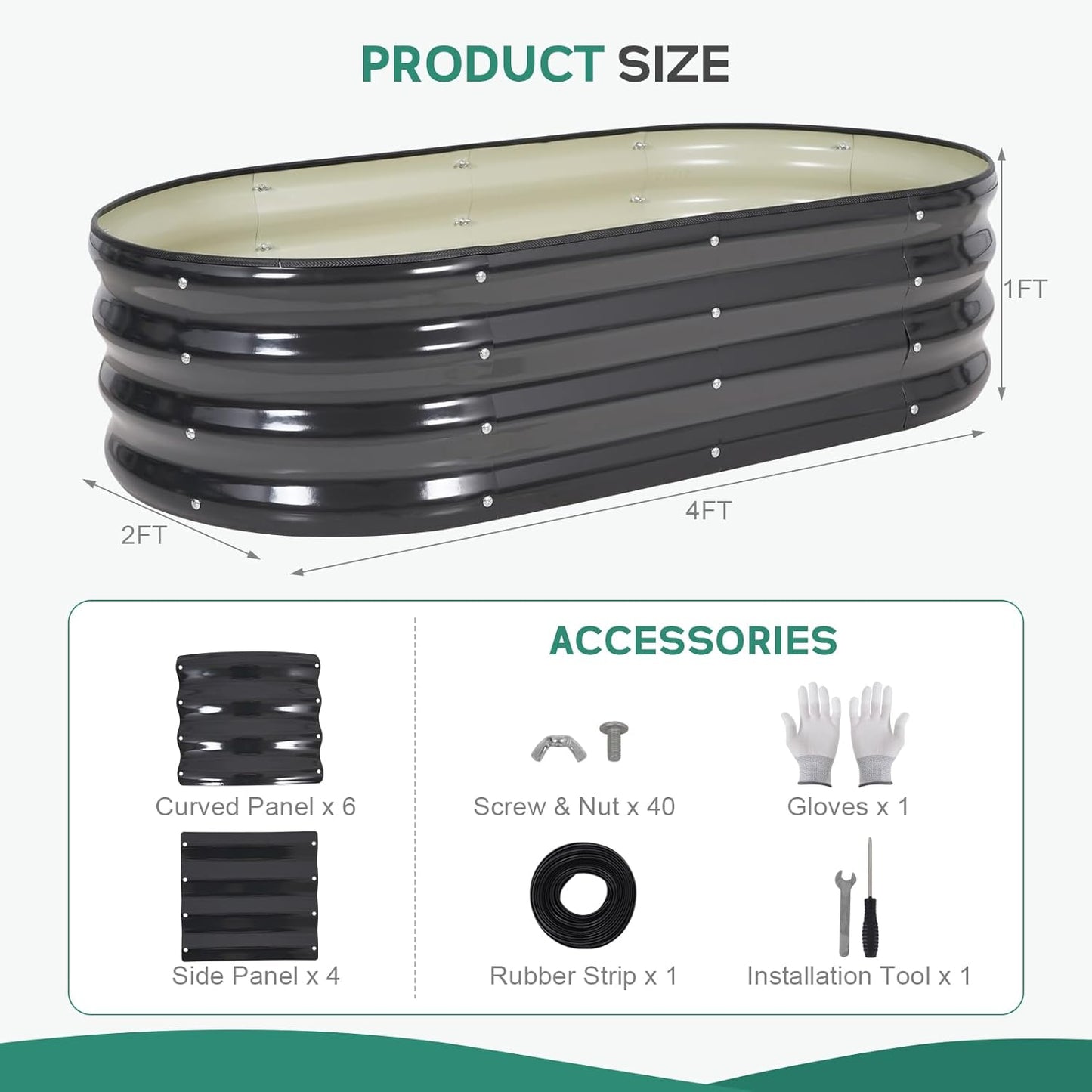 Galvanized Raised Garden Bed Outdoor - 4×2×1ft Planter Raised Beds for Gardening | Oval Metal Garden Planter Box with Safety Edging and Gloves for Vegetables Fruits and Flowers - Grey