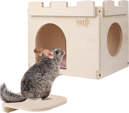 Castle Chinchilla House - Small Animal Hideout for Chinchilla Guinea Pig Hedgehog, or Rat - Ventilated Wooden Hamster Habitat with Multiple Doors - Made from Natural Wood