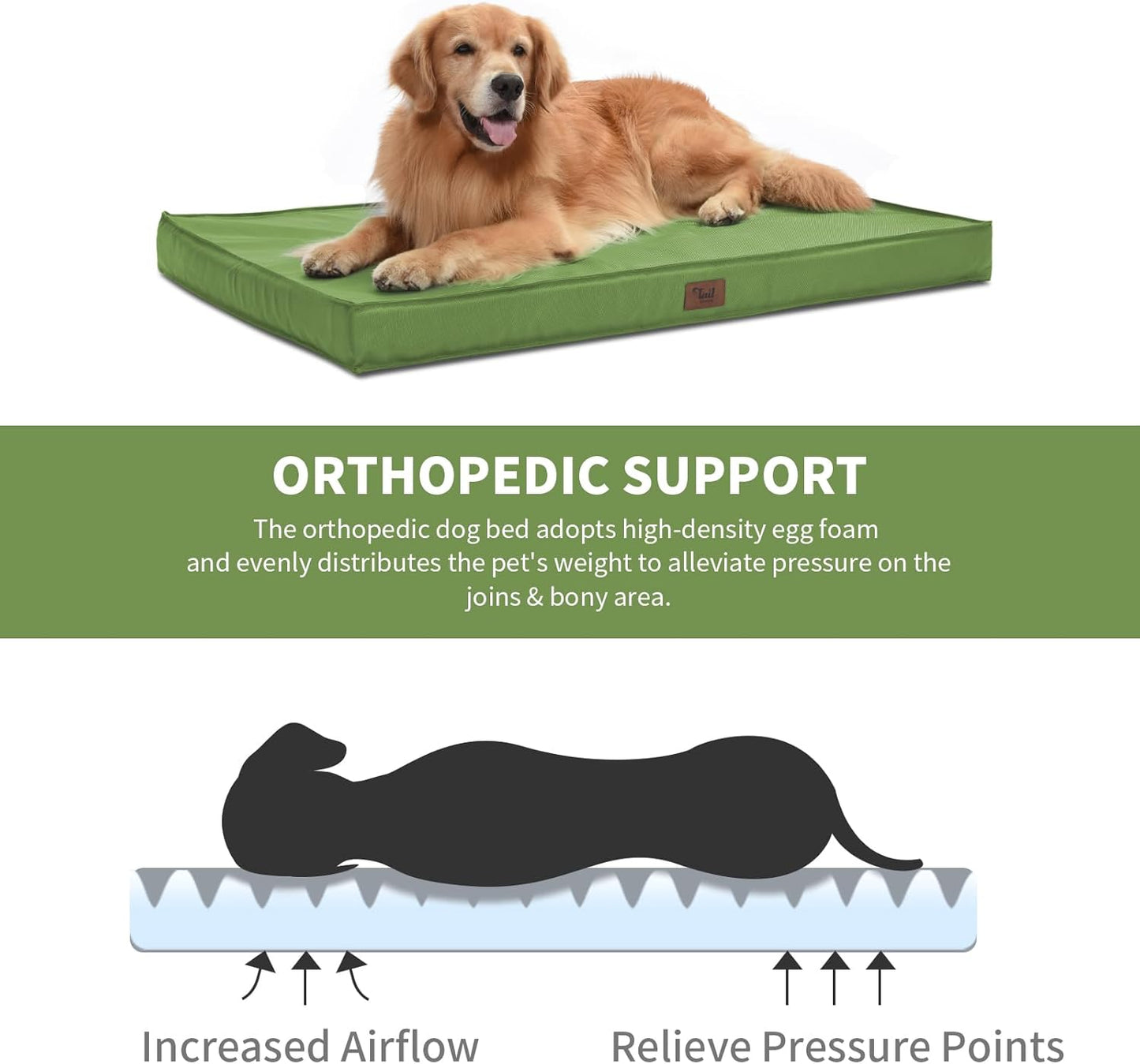 Orthopedic Dog Bed for Large Dogs, Big Waterproof Washable Dog Bed for Large Sized Dogs with Egg Crate Foam Pet Bed Mat, Removable Oxford Cooling Cover, Light Green