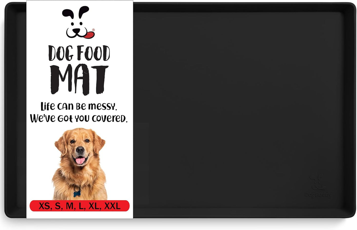 DogBuddy Dog Food Mat – Waterproof Dog Bowl Mat for Food and Water, Silicone Pet Feeding Mats for Floors, Non-Slip Placemat with High Edges for Dogs Bowls, Puppy Essentials (XL: 28" x 18", Black)