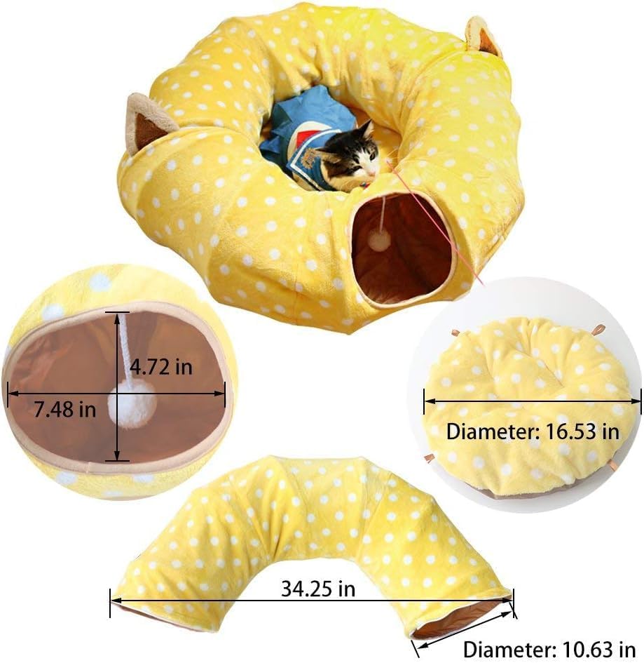 AUOON Cute Cat Donut Tunnel - Round Cat Tunnel Bed with Washable Cushion Interactive Cat Toy for Indoor Cats Kitten Kitty Puppy Rabbit Ferret (Yellow)
