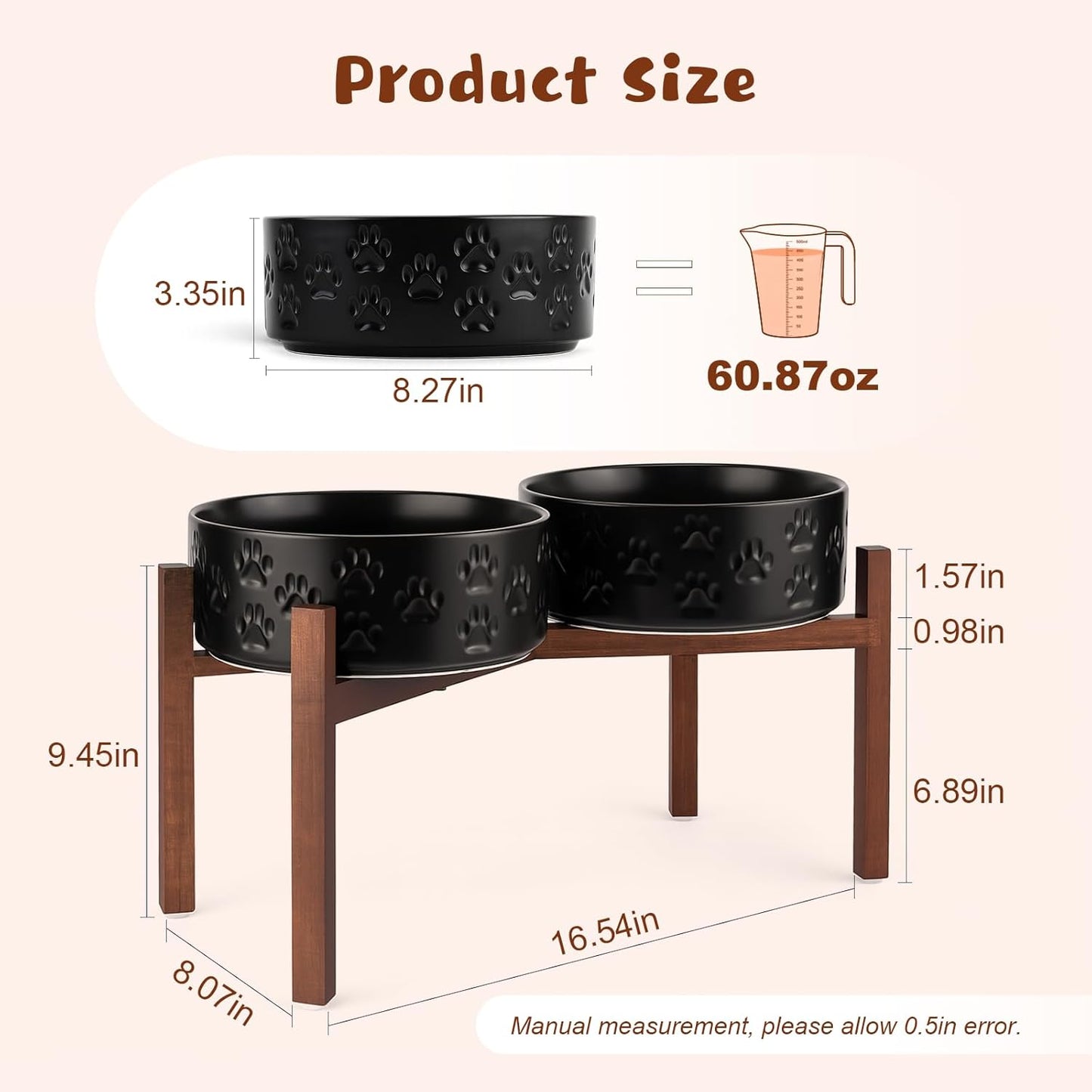 SPUNKYJUNKY Ceramic Elevated Dog Bowl Set with Acacia Wood Stand for Food and Water for Large Dogs (60.87 OZ, Black, Dog Paw Pattern)