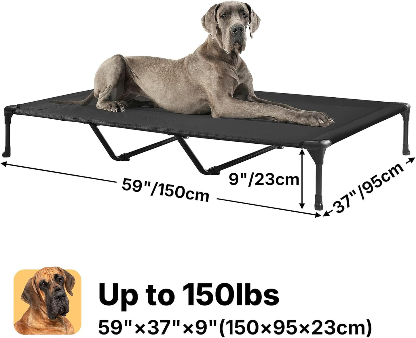 Veehoo Outdoor Elevated Dog Cot Bed, Cooling Raised Pet Bed for XX-Large Dog, Washable Breathable Mesh Hammock Bed with No-Slip Feet, Indestructible Ground Off Training Platform Cot-59"x37.5" Black