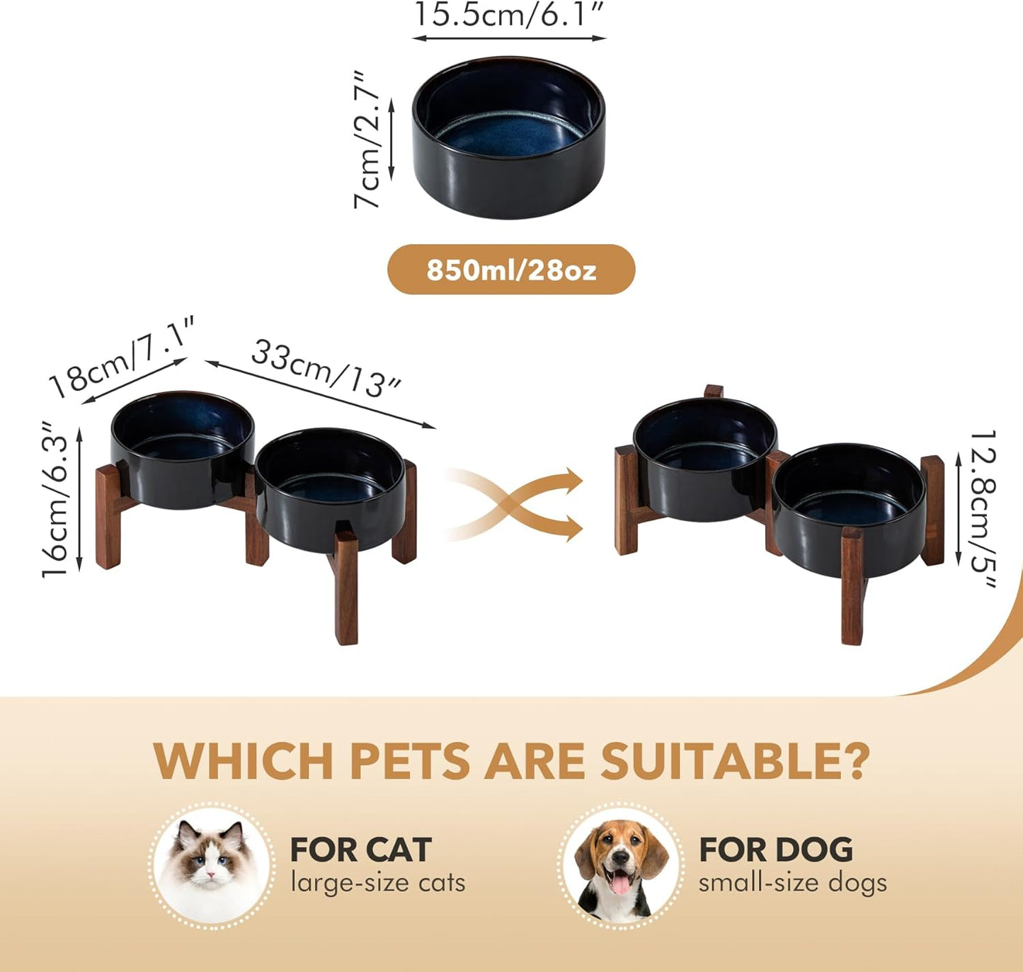 Ceramic 6.1inch Raised Double Dog Bowls Set with Acacia Wood Stand, 2 Heights Elevated, Food & Water Bowls for Small Dogs(28.2oz, Starry Sky)