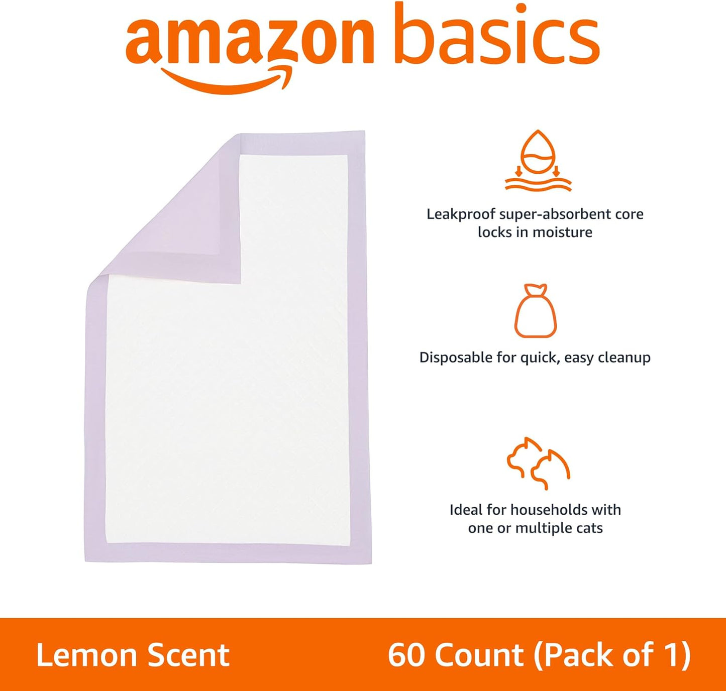Amazon Basics Cat Pee Pads, 60 Count, Universal Fit for Litter Box, Odor Control with Lemon Scent, White/Purple