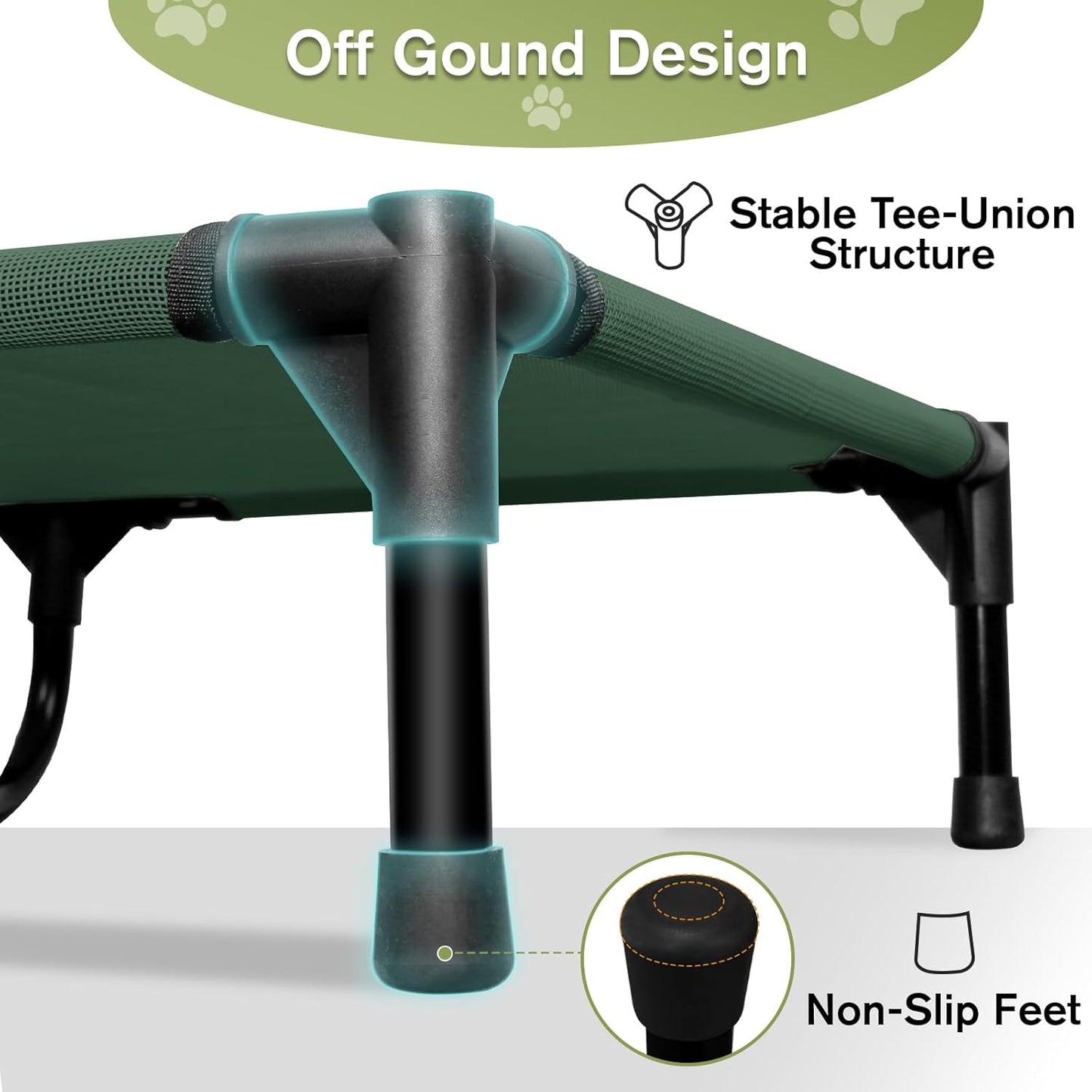 XL Elevated Dog Bed 51 Inch - Waterproof Raised Cooling Cot for 121lb Dogs, with Washable Breathable Mesh, All-Weather Outdoor Dog Bed with Non-Slip Feet, Green