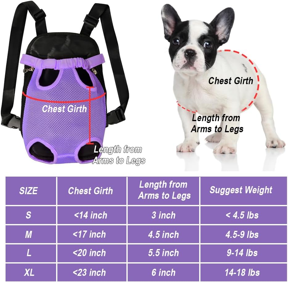 FEimaX Dog Carrier Backpack Pet Legs Out Front Cat Travel Bag, Adjustable Puppy Backpacks Carriers Hands-Free for Small Medium Dogs Cats Hiking Traveling Camping Daily Walking (Large, Purple)