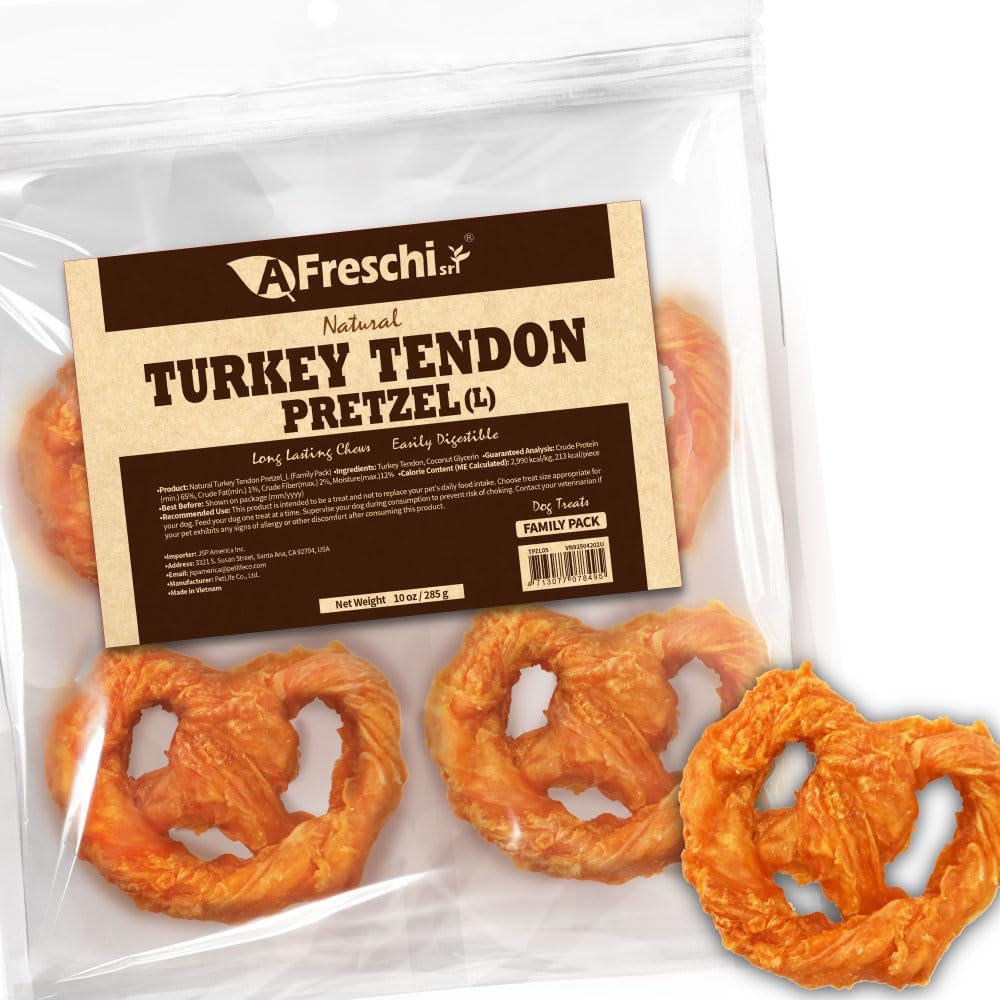 Afreschi Natural Turkey Tendon Pretzel (L) 10 oz, USA-Sourced Turkey Tendon, All Natural Puppy Chew, Hypoallergenic, Rawhide Alternative, for Large Breeds