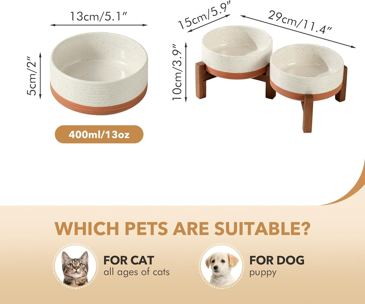 Ceramic 5.1inch Raised Double Bowls Set with Acacia Wood Stand, 2 Heights Elevated, Food & Water Bowls for Puppy, Kitty, Cats(13.5oz, Vanilla White)
