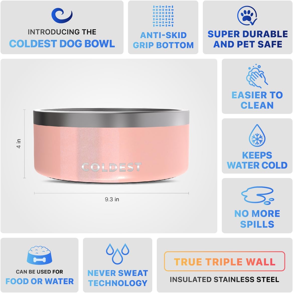 Coldest Dog Bowl - Anti Rust Metal, Non Slip, 3 Layers Insulated Stainless Steel Dog Bowls - Spill Proof & Heavy Duty - Water Bowl for Dogs, Cats, Dish Washer Safe (100 oz, Forever Pink Glitter)