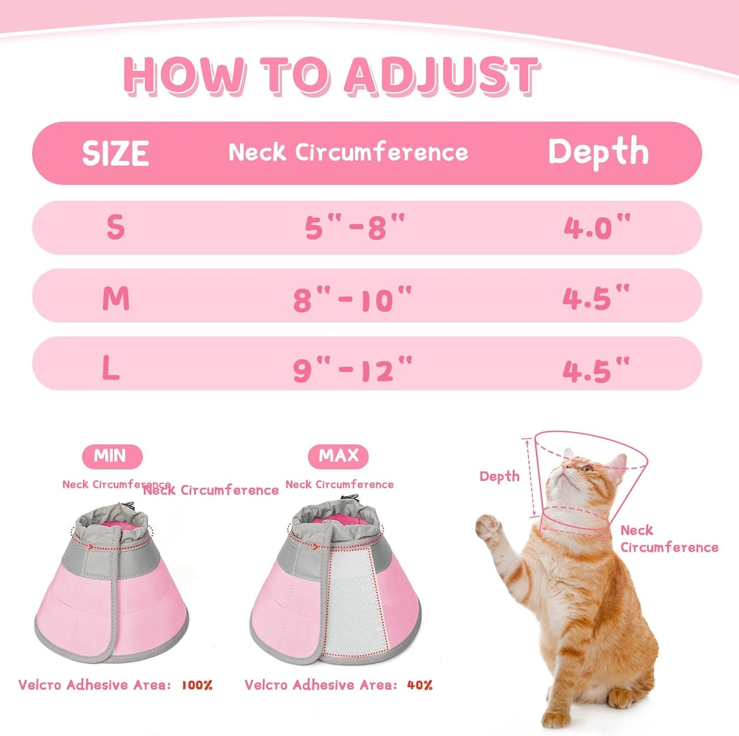 Cat Cone Collar Soft to Stop Licking, Adjustable, Foldable Lightweight Kitten Cones After Surgery Recovery for Cats & Kittens, Cat Cone Alternative (Solid Pink, L)
