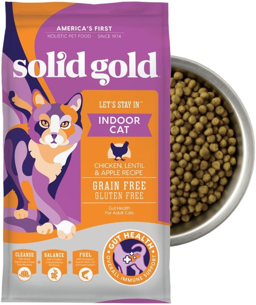Solid Gold Indoor Dry Cat Food - Grain Free & Gluten Free - Chicken Cat Food Dry Kibble for Indoor Cats w/Probiotics & Fiber for Gut Health - Sensitive Stomach & Hairball Support for Adult Cats - 3LB