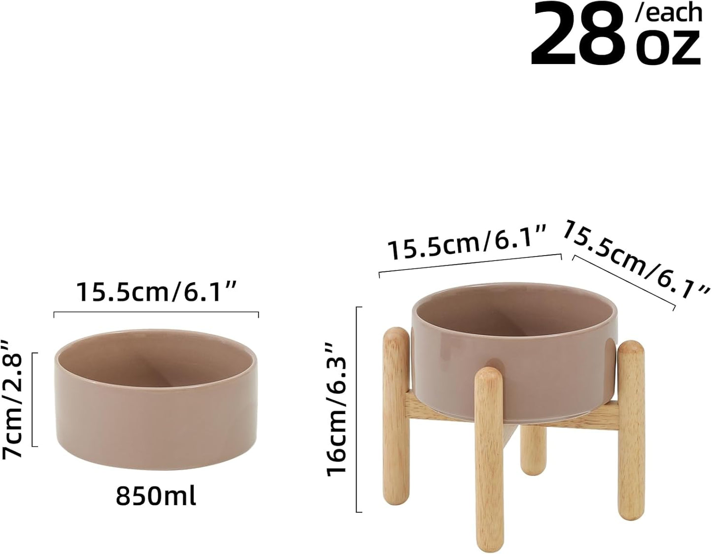 Ceramic 6.1inch Raised Dog Bowl with Stand for Small and Medium Dog Dish Pet Food and Water Bowl (Single Bowl with Stand - Brown Coffee)