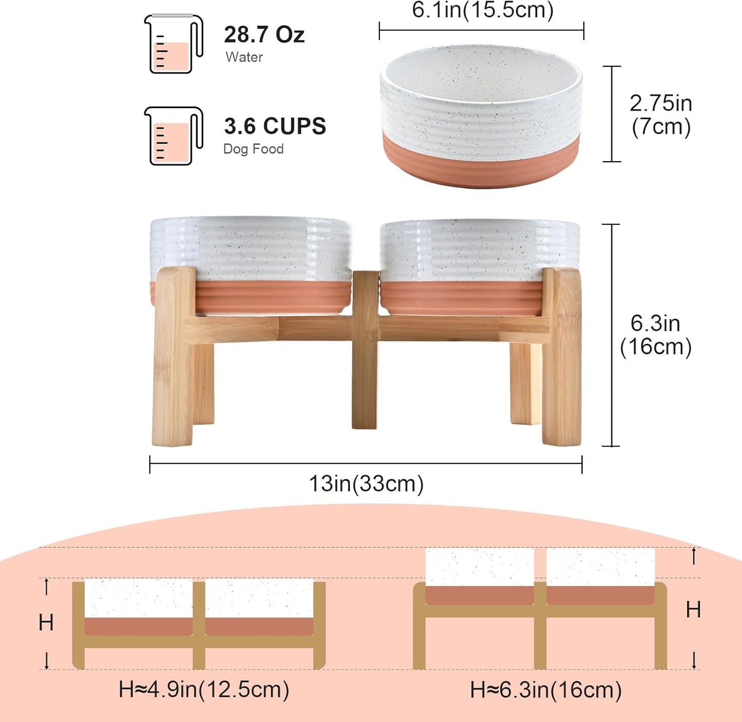 SPUNKYJUNKY Elevated Dog Bowls Ceramic, 6.1'' Dogs and Cat Food Water Bowls Raised with Non-Slip Bamboo Stand for Medium Sized Breed Microwave Dishwasher Safe - 28.7 OZ,Pattern White