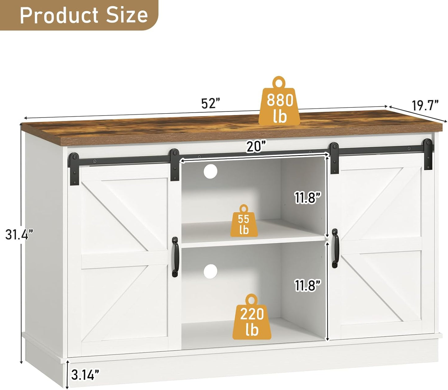Farmhouse 55-75 Gallon Fish Tank Stand with Power Outlet, Aquarium Stand with Cabinet&Sliding Barn Door, Heavy Duty Reptile Tank Stand for 2 Fish Tank/Turtle Tank/Reptile Terrarium, White