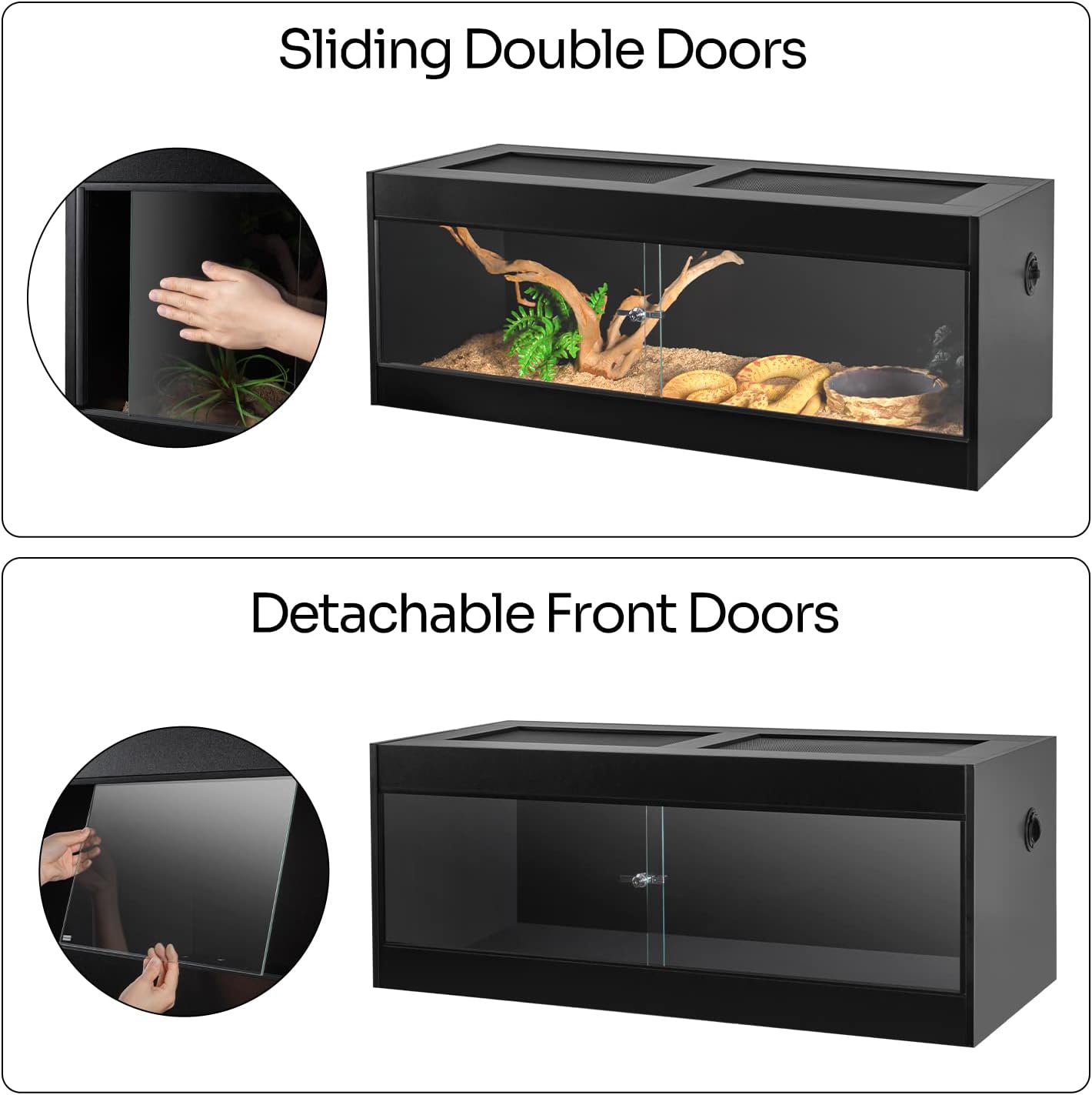 OIIBO 67 Gallon Reptile Original Wood Enclosure, 48"x18"x18" Large Reptile Terrarium with Double Hinge Sliding Doors and Top Screen Ventilation Reptiles Habitat Lounge Black