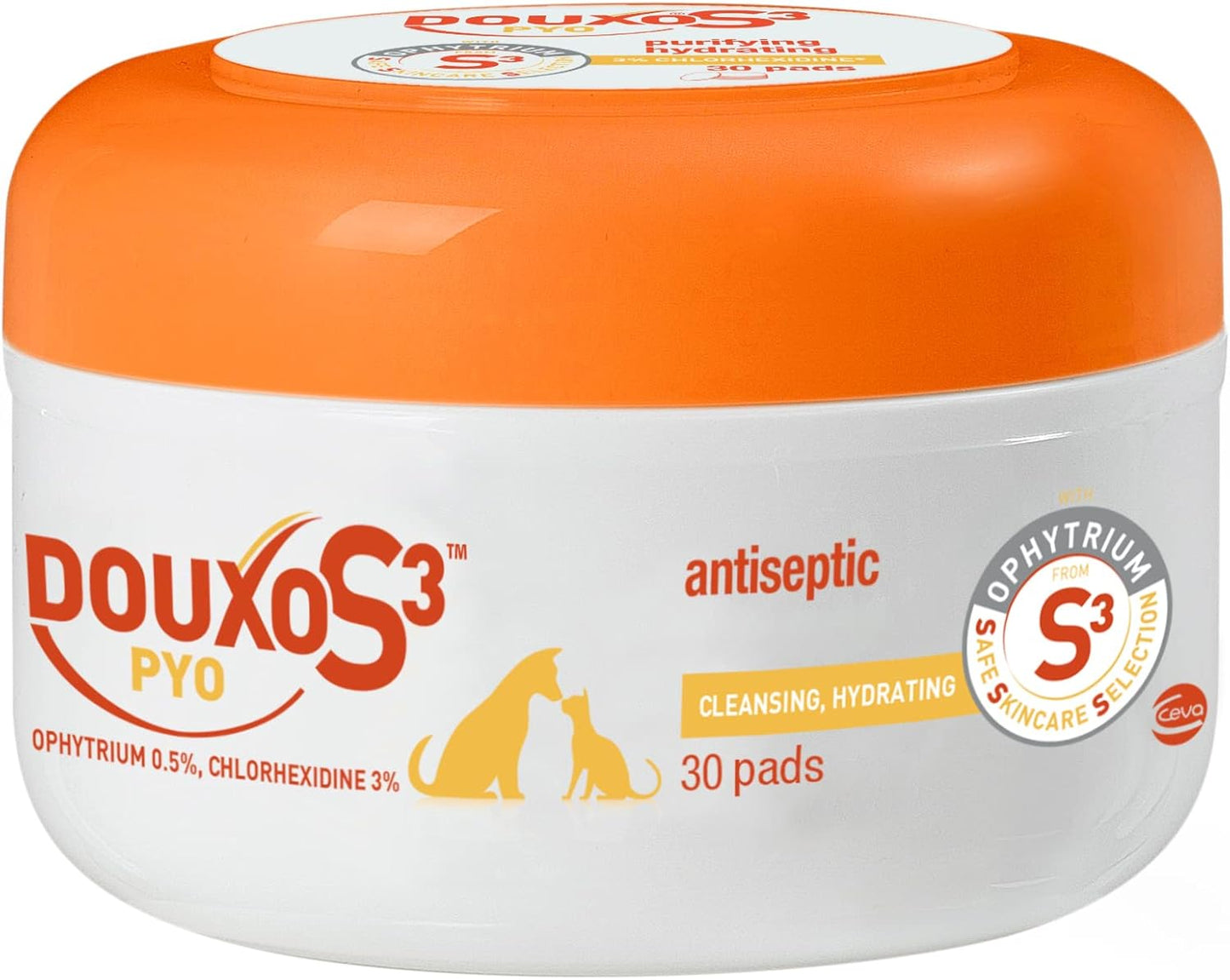 Douxo S3 Pyo Pads, Contains 3% Chlorhexidine & 0.5% Ophytrium, Antiseptic & Hydrating, For Bacterial or Yeast Skin Infections, For Dogs and Cats, 30 Pads