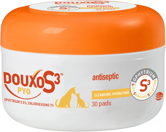 Douxo S3 Pyo Pads, Contains 3% Chlorhexidine & 0.5% Ophytrium, Antiseptic & Hydrating, For Bacterial or Yeast Skin Infections, For Dogs and Cats, 30 Pads