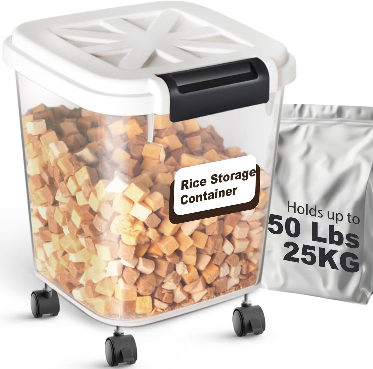 Airtight Rice Storage Container 50 lbs, Attachable Wheels, for Dog Cat Bird and other Pet Food Storage Bin, Keep Fresh, Easy Mobility, BPA Free, White