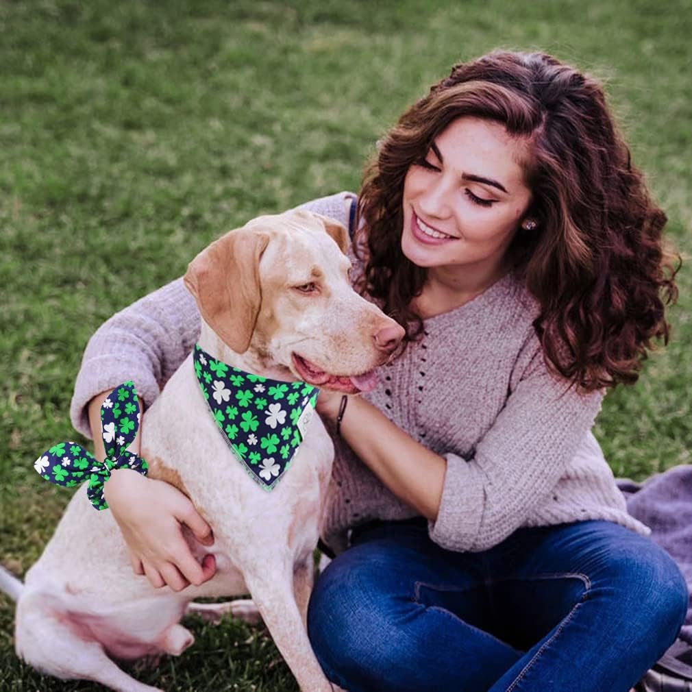 E-Clover Spring Dog Bandana & Matching Scrunchie Set Shamrock Lucky Dog Bandanas Scarf with Bow Hair Ties for Medium Large Dogs & Pet Owner Mom