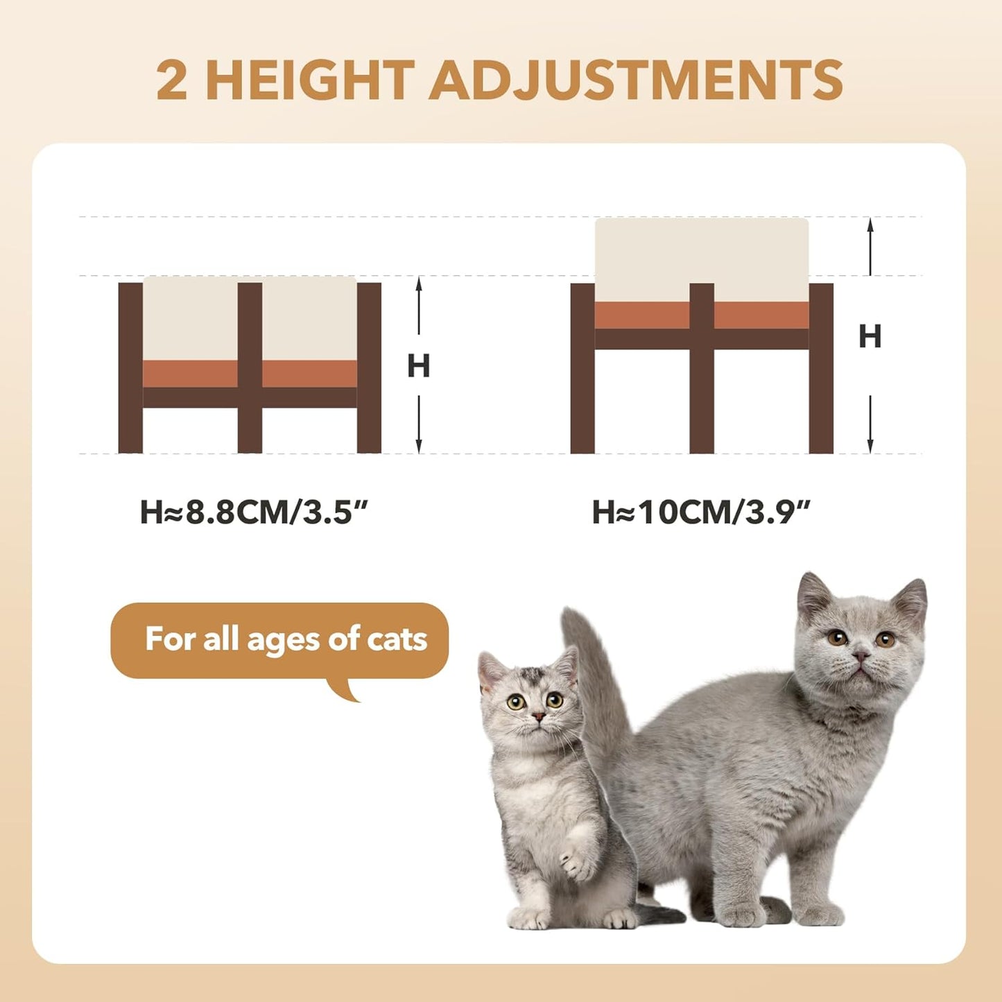 Ceramic 5.1inch Raised Dog and Cat Bowl Set, 2 Heights Elevated Wooden Stand for Puppy, Kitty, Cats, Weighted Pet Food and Water Dishes(5.1'',13.5oz, Vanilla White)