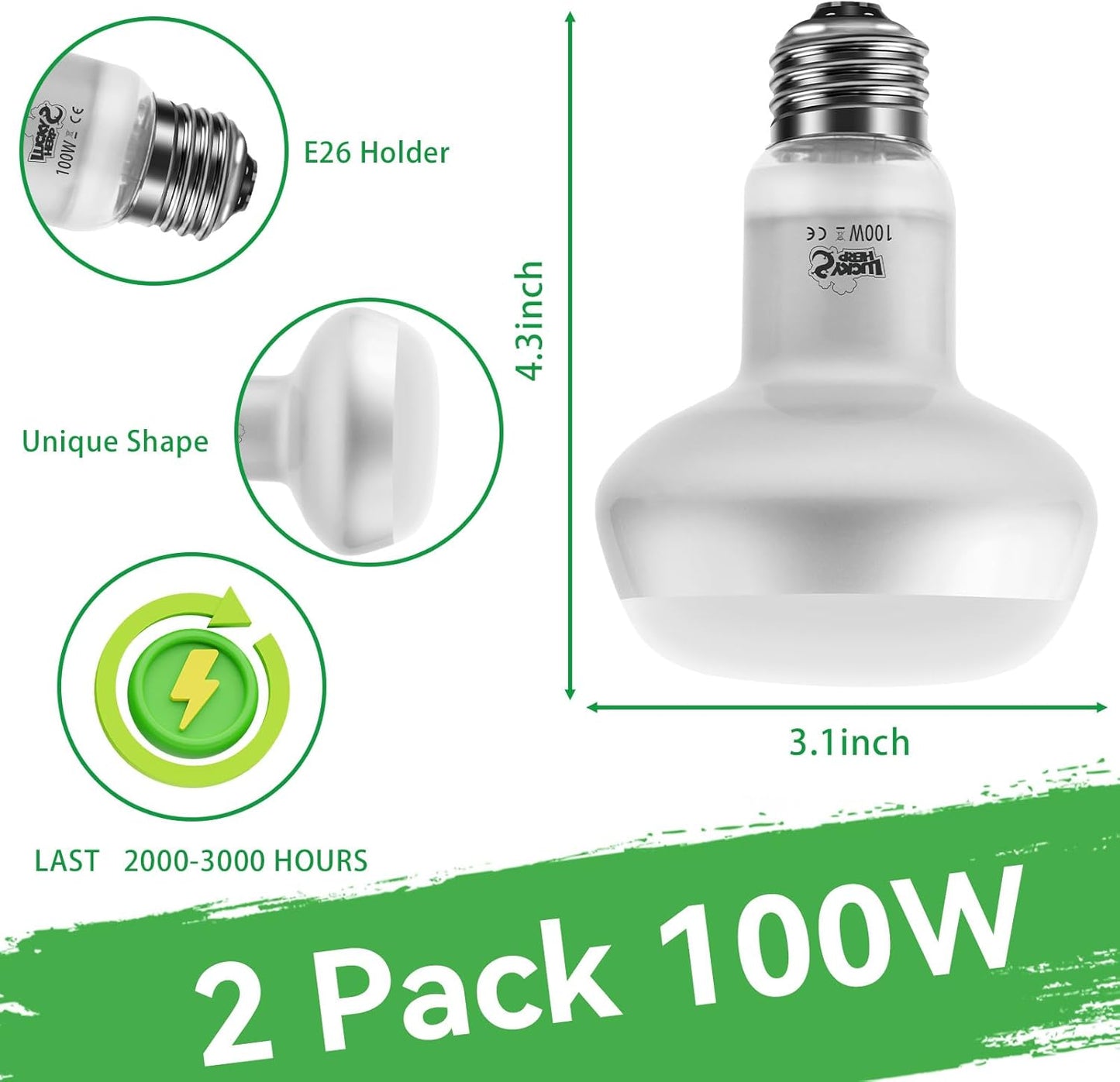 LUCKY HERP Intense Heat Lamp Bulbs for Reptiles 100W 2 Pack, UVA Daylight Reptile Heat Lamp, Reptile Basking Heat Light Bulb for Amphibian, Tortoise, Bearded Dragon, Lizard, Turtle, Snake Heating Use