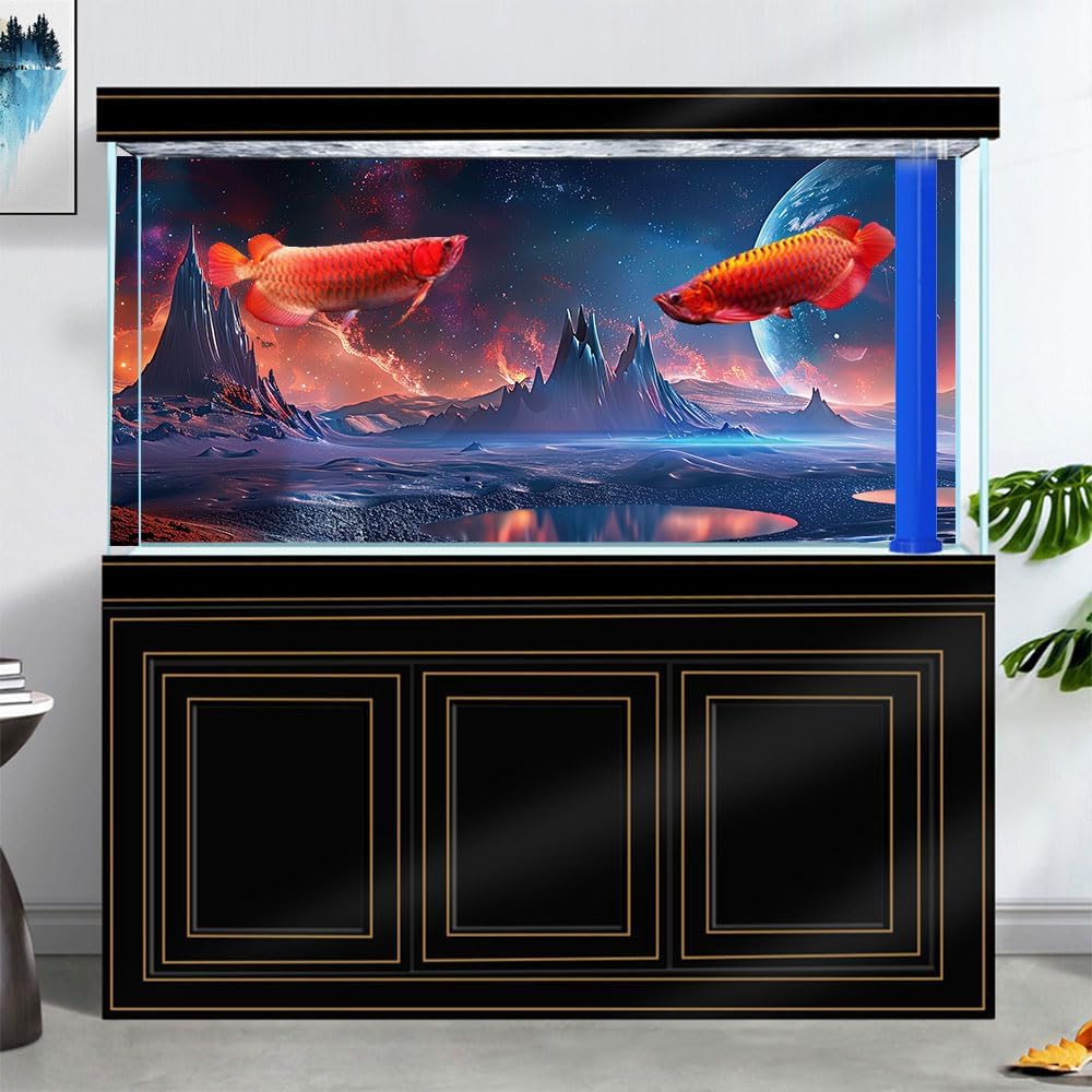 Scarlet Cosmic Aquarium Background,Cool Galaxy Parallel Space Themed Fish Tank Background, Tropical Desert Terrarium Background 48X24IN with 8 EVA Double-Sided Tape