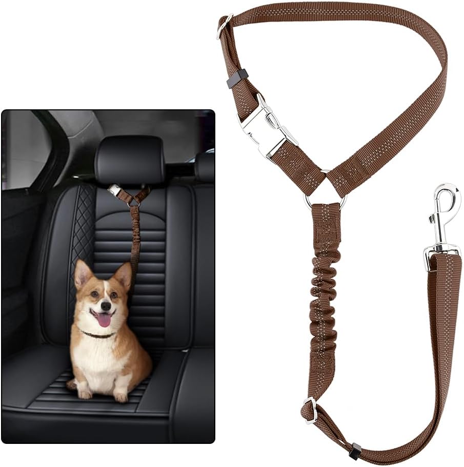 Plutus Pet Dog Seat Belt for Car Headrest, Reflective and Adjustable Restraint with Elastic Bungee for Safety, Vehicle Seatbelt Harness for Small Medium Large Dogs and Cats, Chocolate