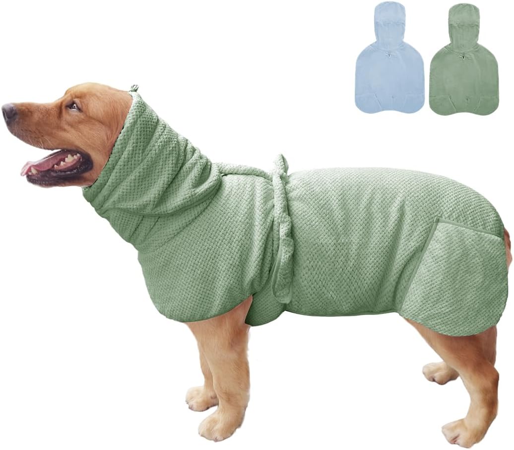 KOOGALSmall to Medium Size Dog Bathrobe, Quick Drying Super Absorbent Used for After Bathing, Warm Dog Towels, Adjustable Hoodies and Belts for Pet Dogs Bath Clothes Products(Green Jacquard, L)