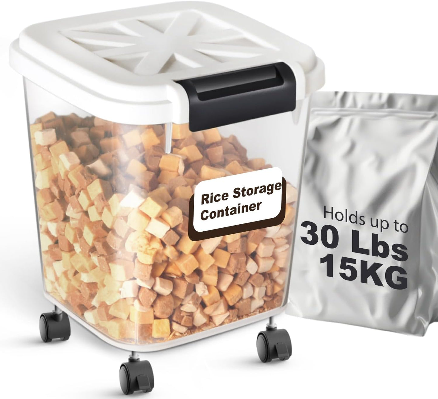 Large Rice Storage Container 30 lbs, Airtight Pet/Cat Treat Storage Bin with Lids, Attachable Wheels, Great for Flour & Rice, Easy Mobility, BPA Free, White