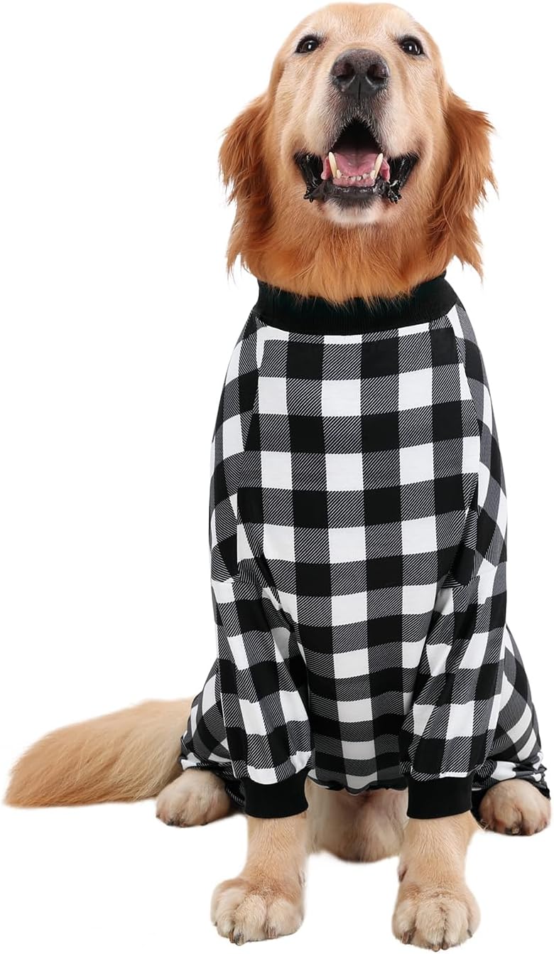 HDE Dog Pajamas One Piece Jammies Jumpsuit Pet Clothes Outfit Stretchy Lightweight Comfy Shirt Pjs for M-3XL Dogs Black & White Buffalo Plaid - M